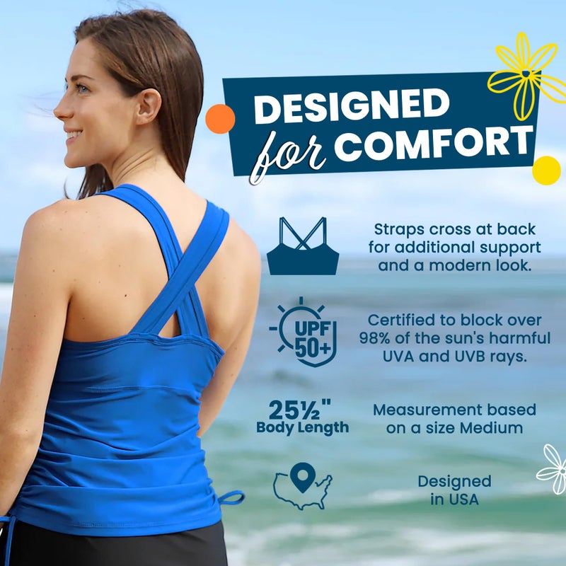 UV SKINZ Women's Swim Tankini â€“ Modest Tankini Top with Built-in Bra Support, UPF 50+ Sun Protection, Flattering Ruched Sides to Conceal Tummy, Comfortable Swimwear for Women - Navy Blue - S - Image 3